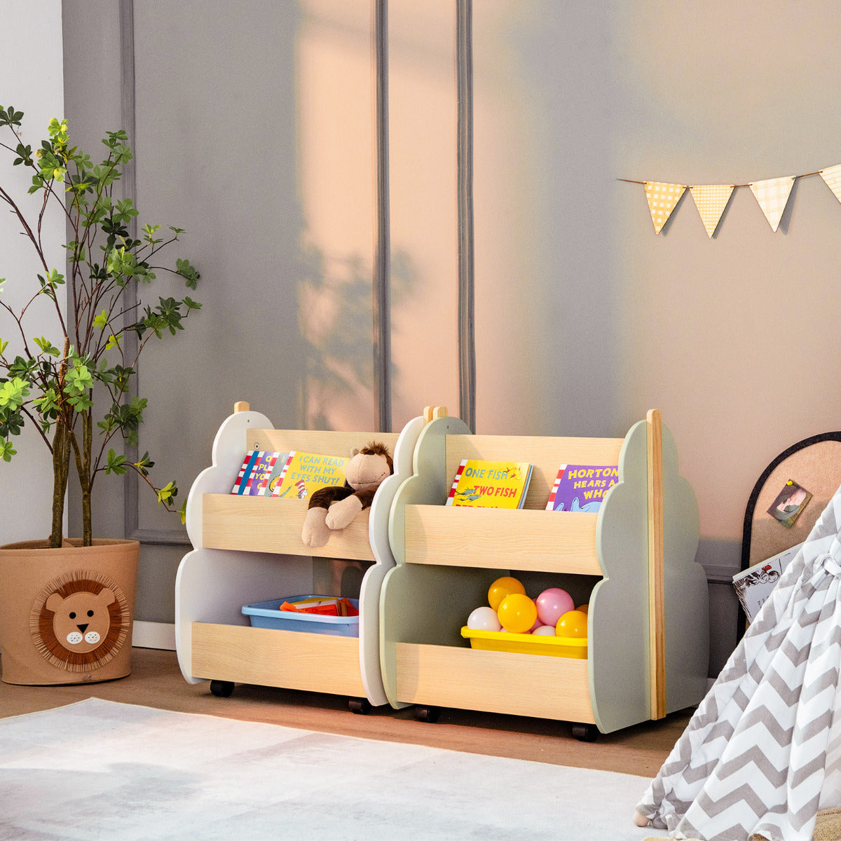 Estantería Infantil de Madera con Ruedas Librería 2 Niveles para Juguetes Multifuncional Organizador de Libros 52 x 46 x 62,5 cm Verde