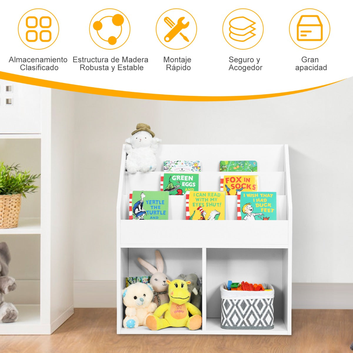 2 en 1 Estantería Infantil con 3 Compartimentos Estantería de Juguetes con Estantes Abiertos para Aula Hogar Jardín 70 x 30 x 80 cm Blanco