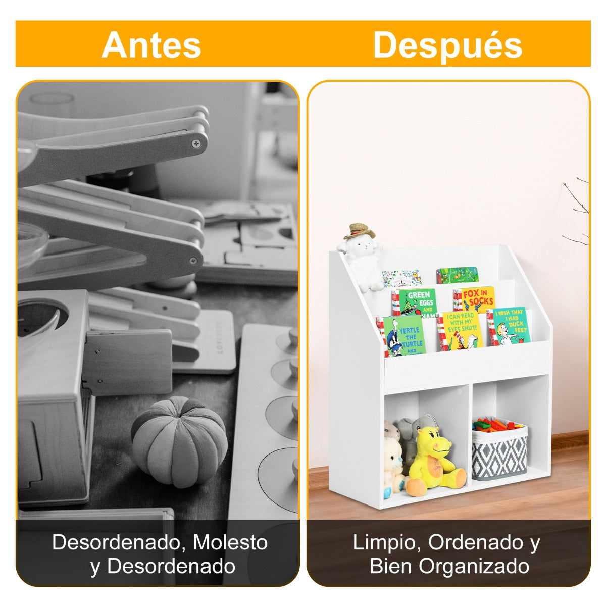 2 en 1 Estantería Infantil con 3 Compartimentos Estantería de Juguetes con Estantes Abiertos para Aula Hogar Jardín 70 x 30 x 80 cm Blanco