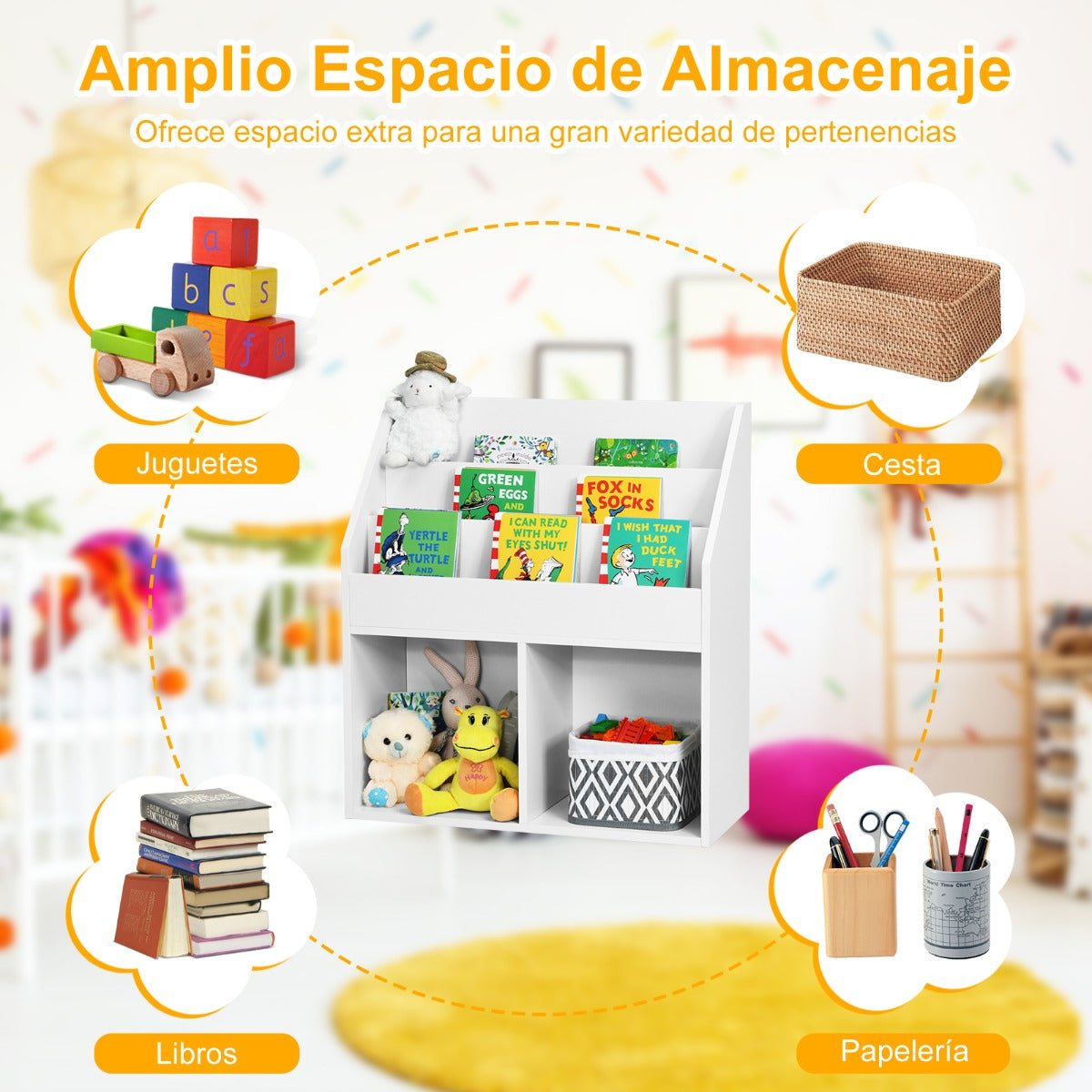 2 en 1 Estantería Infantil con 3 Compartimentos Estantería de Juguetes con Estantes Abiertos para Aula Hogar Jardín 70 x 30 x 80 cm Blanco