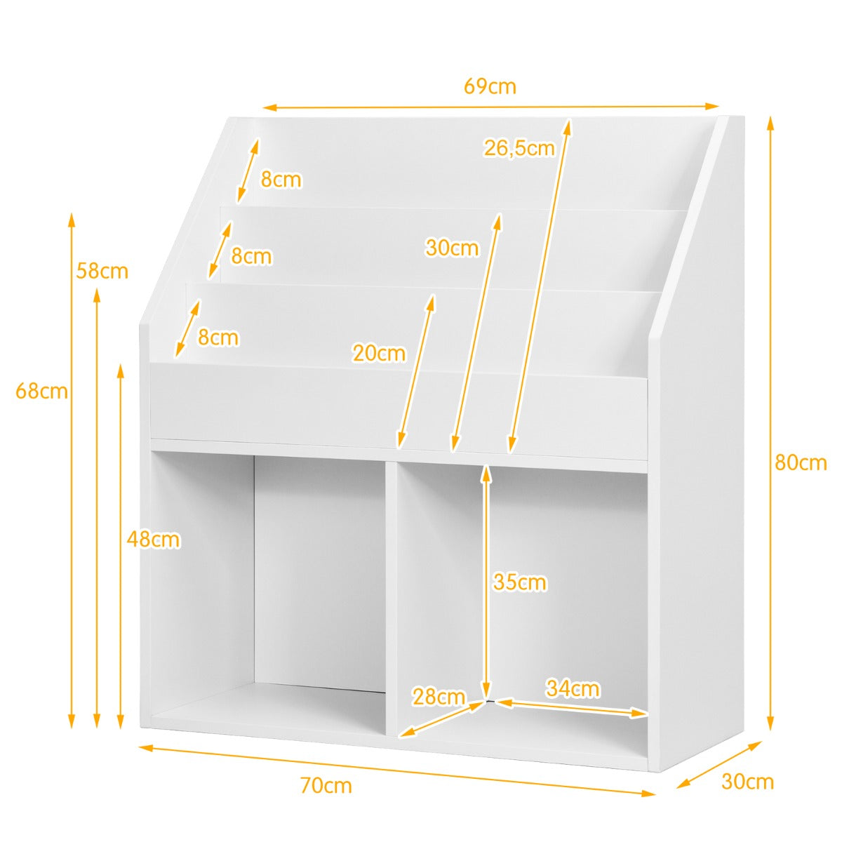 2 en 1 Estantería Infantil con 3 Compartimentos Estantería de Juguetes con Estantes Abiertos para Aula Hogar Jardín 70 x 30 x 80 cm Blanco