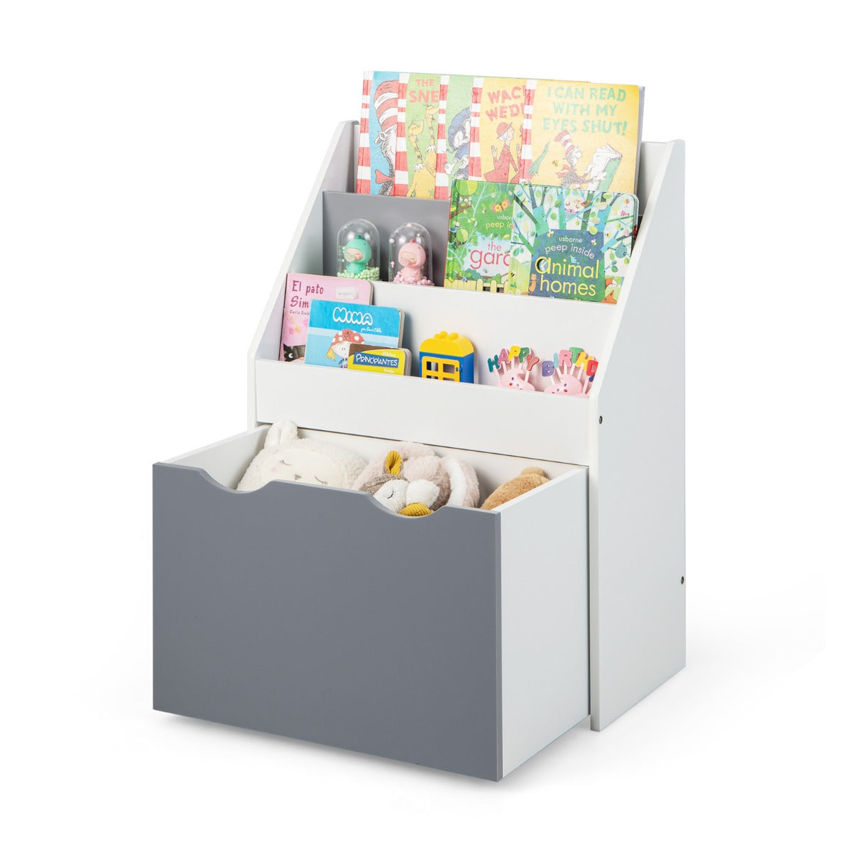 Estantería Infantil con 3 Compartimentos y Cajón Extraíble Organizador de Juguetes con 4 Ruedas para Niños de 3-6 Año 50 x 28 x 70 cm Gris
