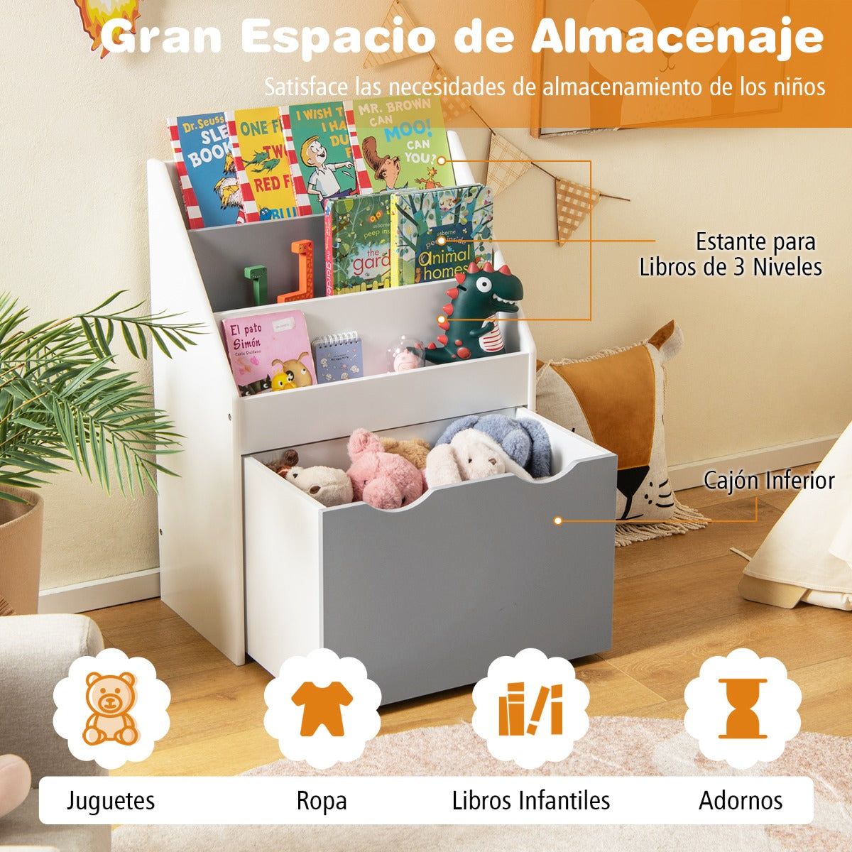 Estantería Infantil con 3 Compartimentos y Cajón Extraíble Organizador de Juguetes con 4 Ruedas para Niños de 3-6 Año 50 x 28 x 70 cm Gris