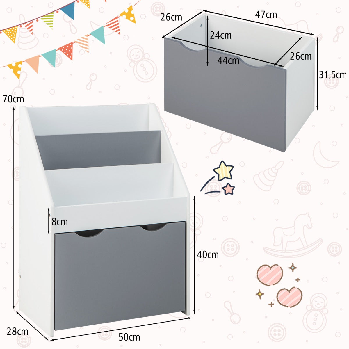 Estantería Infantil con 3 Compartimentos y Cajón Extraíble Organizador de Juguetes con 4 Ruedas para Niños de 3-6 Año 50 x 28 x 70 cm Gris