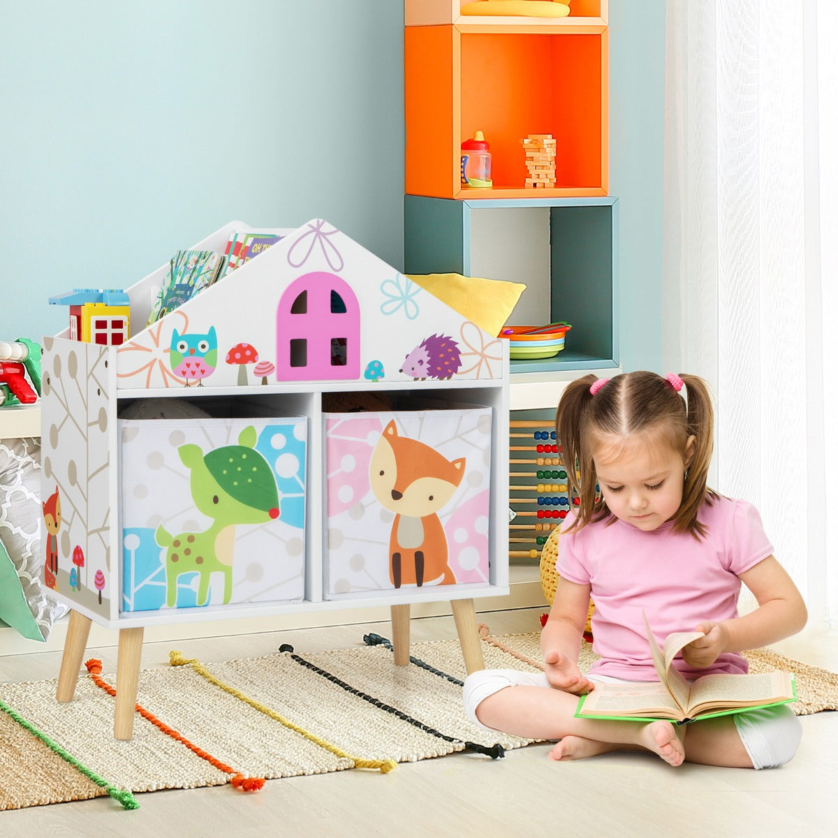 Estantería Infantil Organizador de Madera Estanterías Almacenaje de Juguetes con 2 Contenedores de Almacenamiento y Patas Elevadas Blanco