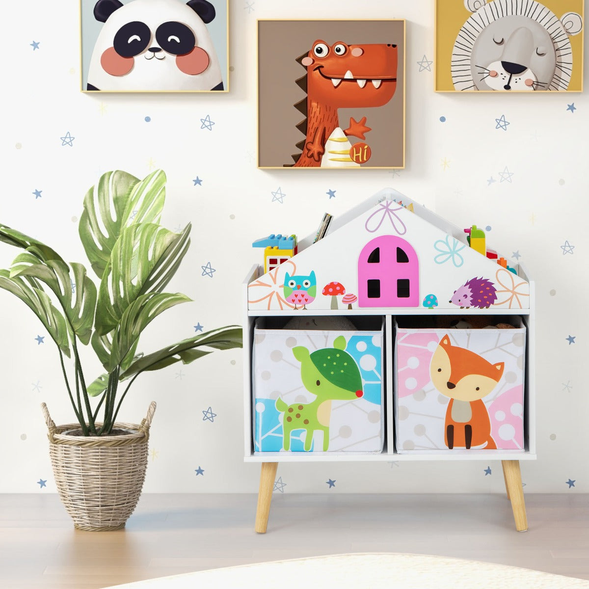 Estantería Infantil Organizador de Madera Estanterías Almacenaje de Juguetes con 2 Contenedores de Almacenamiento y Patas Elevadas Blanco
