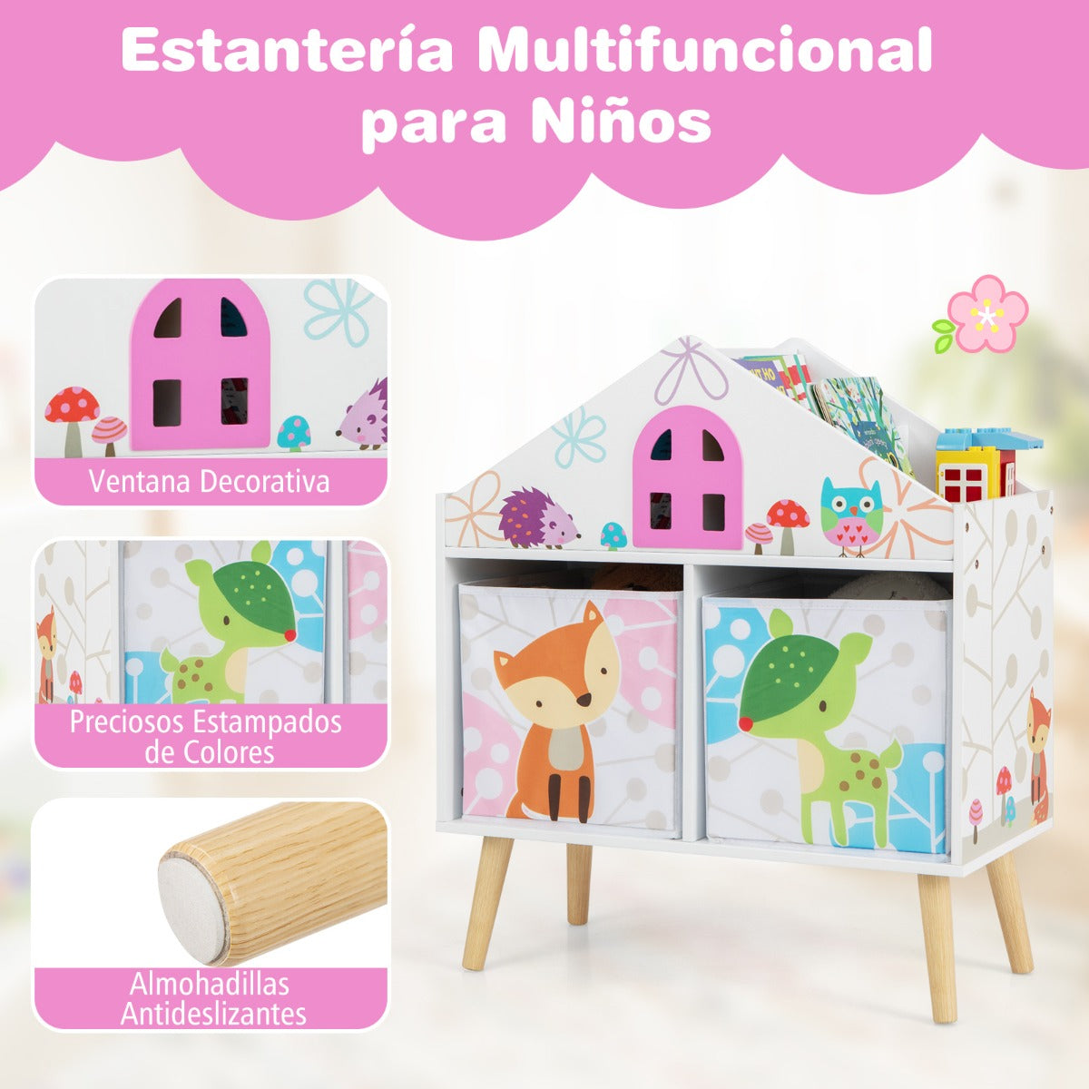 Estantería Infantil Organizador de Madera Estanterías Almacenaje de Juguetes con 2 Contenedores de Almacenamiento y Patas Elevadas Blanco