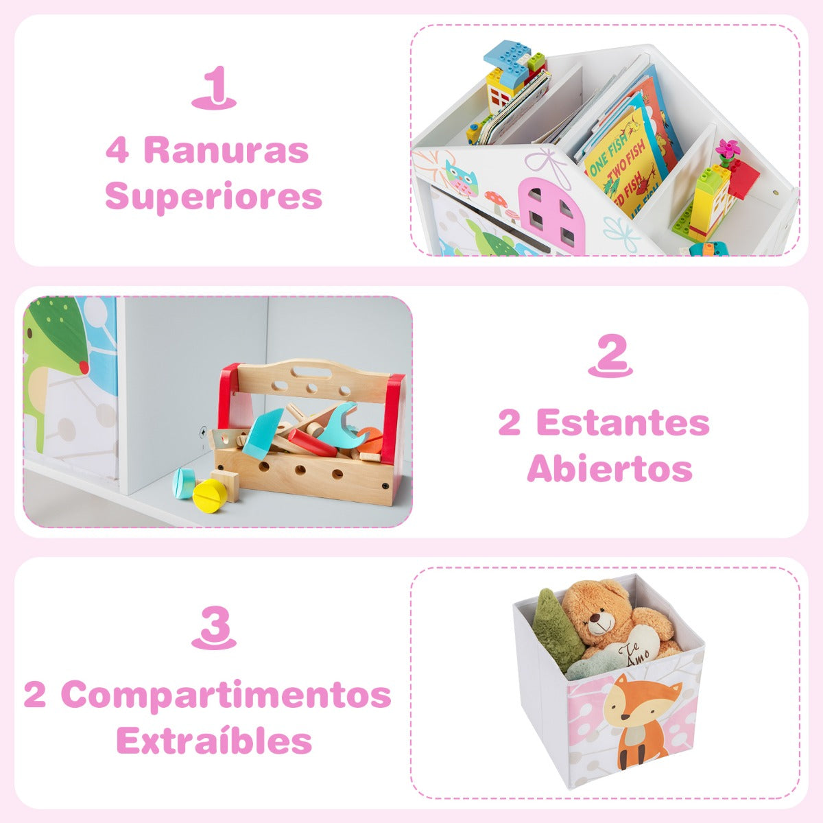 Estantería Infantil Organizador de Madera Estanterías Almacenaje de Juguetes con 2 Contenedores de Almacenamiento y Patas Elevadas Blanco