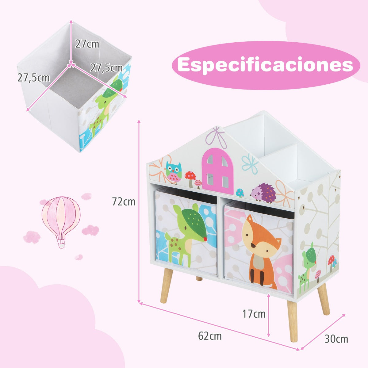 Estantería Infantil Organizador de Madera Estanterías Almacenaje de Juguetes con 2 Contenedores de Almacenamiento y Patas Elevadas Blanco