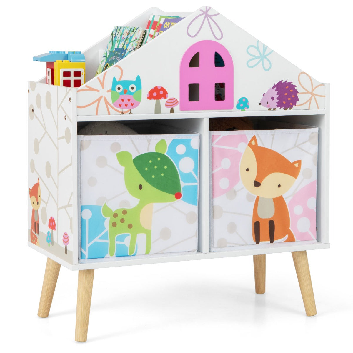 Estantería Infantil Organizador de Madera Estanterías Almacenaje de Juguetes con 2 Contenedores de Almacenamiento y Patas Elevadas Blanco
