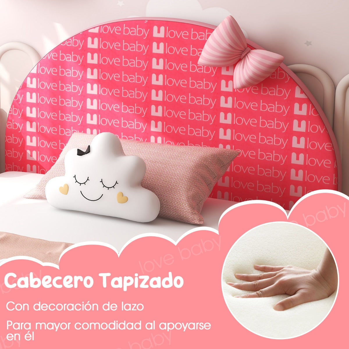Cama para Niños Estructura de Cama Infantil con Cabecera y Estribo Blandos para Niñas con 6 Pies Regulables Estables 152 x 77 x 70 cm Rosa
