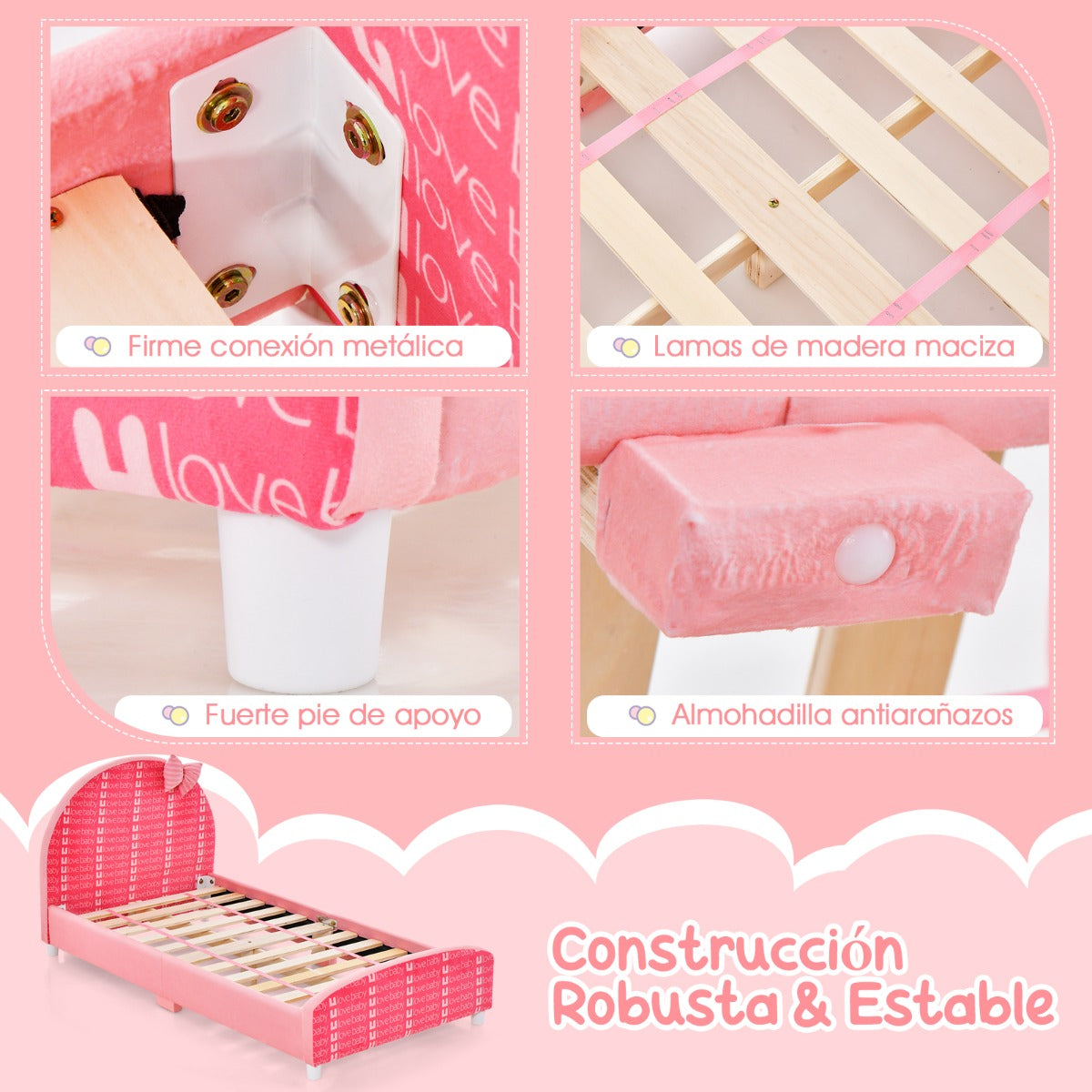 Cama para Niños Estructura de Cama Infantil con Cabecera y Estribo Blandos para Niñas con 6 Pies Regulables Estables 152 x 77 x 70 cm Rosa