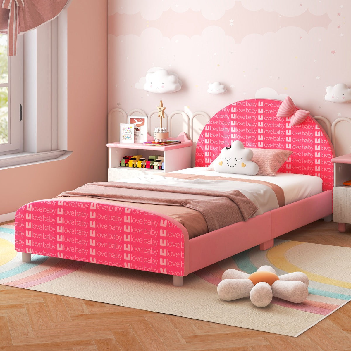 Cama para Niños Estructura de Cama Infantil con Cabecera y Estribo Blandos para Niñas con 6 Pies Regulables Estables 152 x 77 x 70 cm Rosa