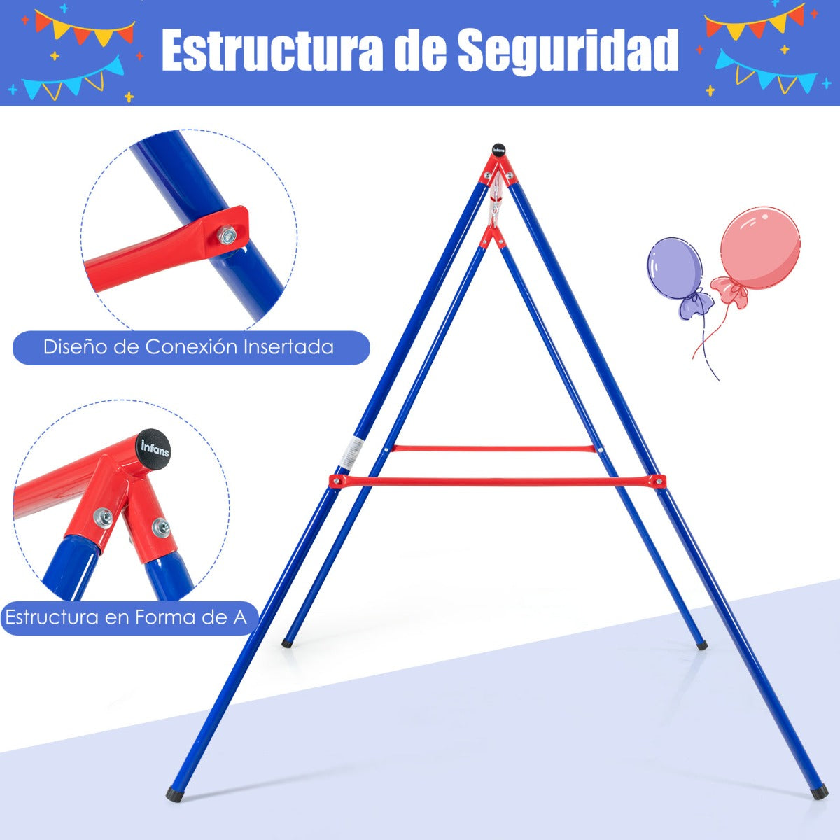 Estructura de Metal para Columpio en Forma A Extra Grande en Acero Resistente con Palos 2 Maneras de Colgarla Aguanta 200 kg Rojo y Azul