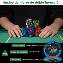 300 Piezas Fichas de Póker con Estuche de Aluminio 2 Barajas de Cartas Botones de Repartidor y Dados para Casinos Viajes y Reuniones Negro