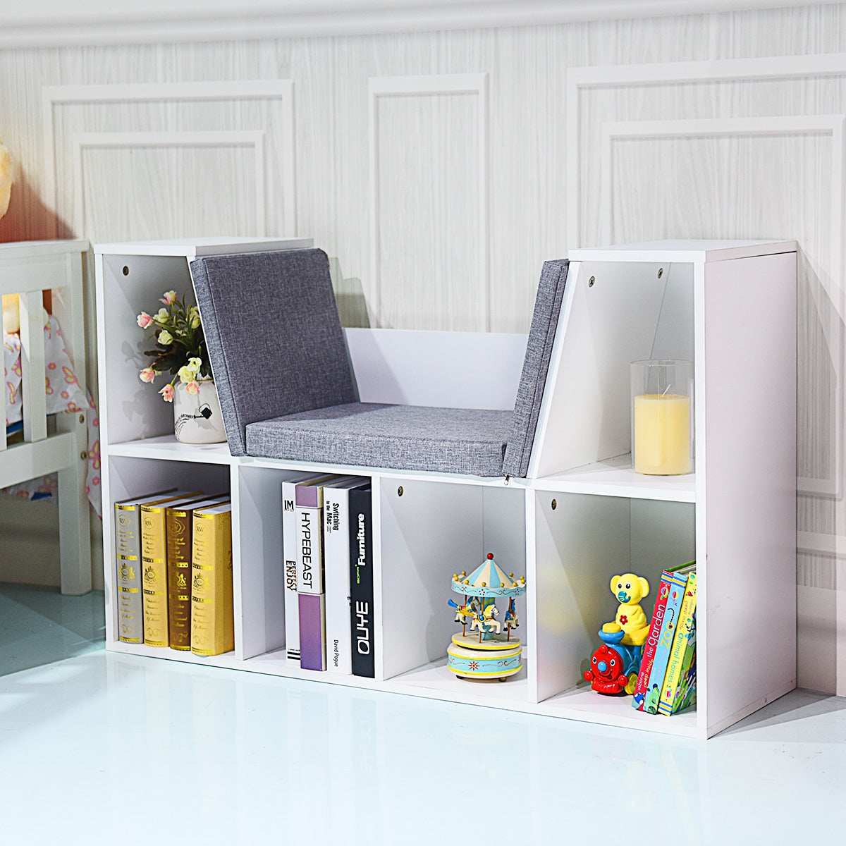 Librería Estantería para Libros con Asiento Biblioteca Mueble Infantil en Hogar 102,5 x 30 x 63,5 cm