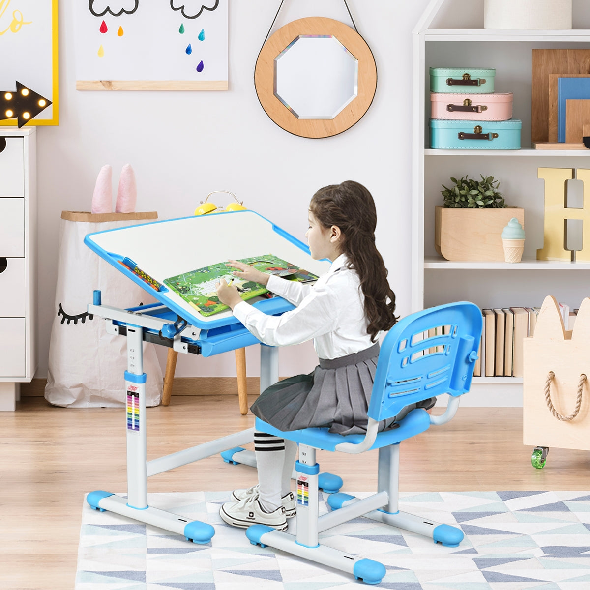 Escritorio Infantil con Silla de Lectura para Niños con Altura y Ángulo Ajustable y Cajón 66 x 47 x (54 - 76) cm Azul