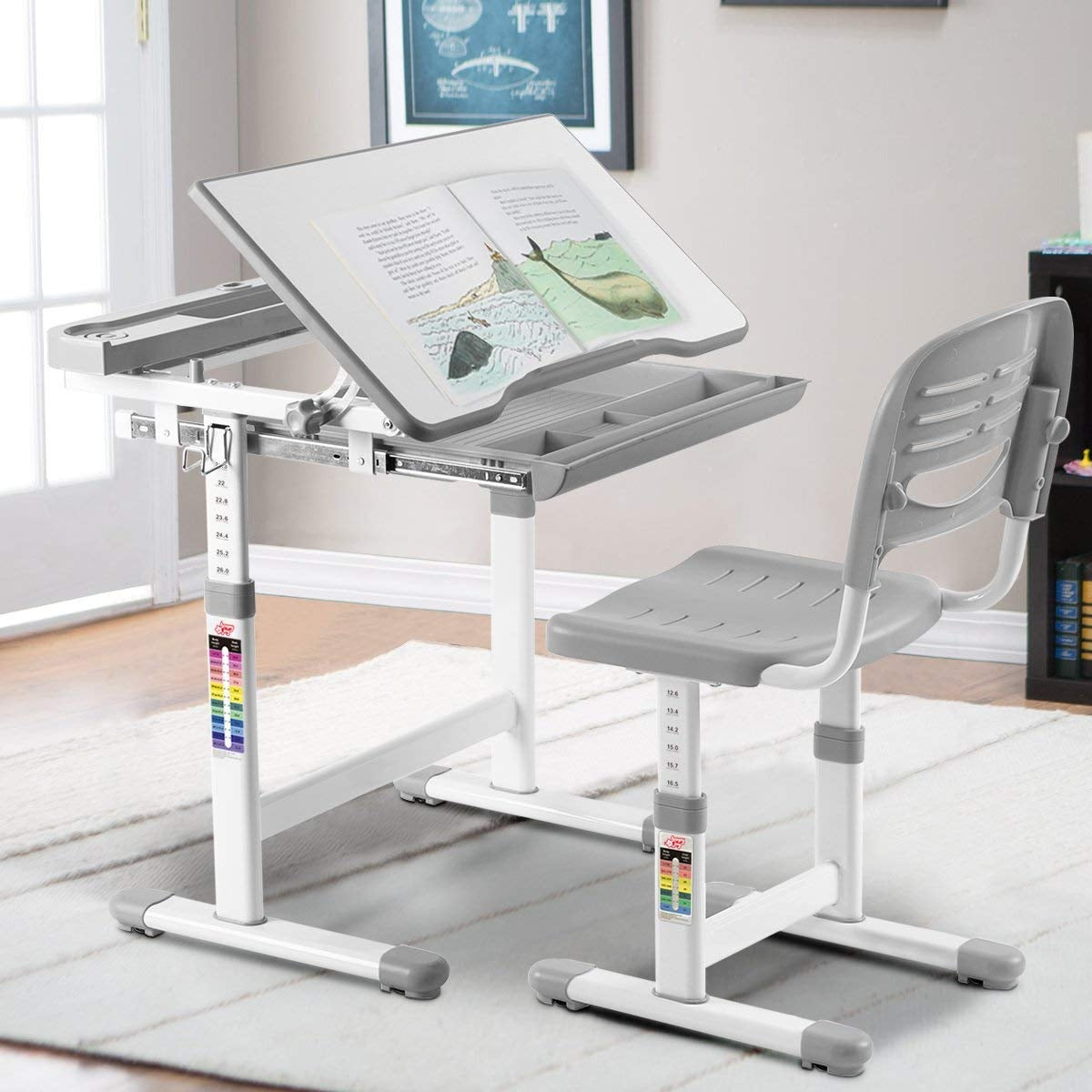 Escritorio Infantil Silla Mesa de Lectura para Niños Altura Ajustable con Cajón Ángulo 66 x 49 x (54,5 - 77) cm Gris