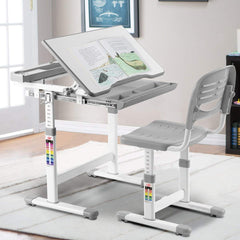 Escritorio Infantil Silla Mesa de Lectura para Niños Altura Ajustable con Cajón Ángulo 66 x 49 x (54,5 - 77) cm Gris