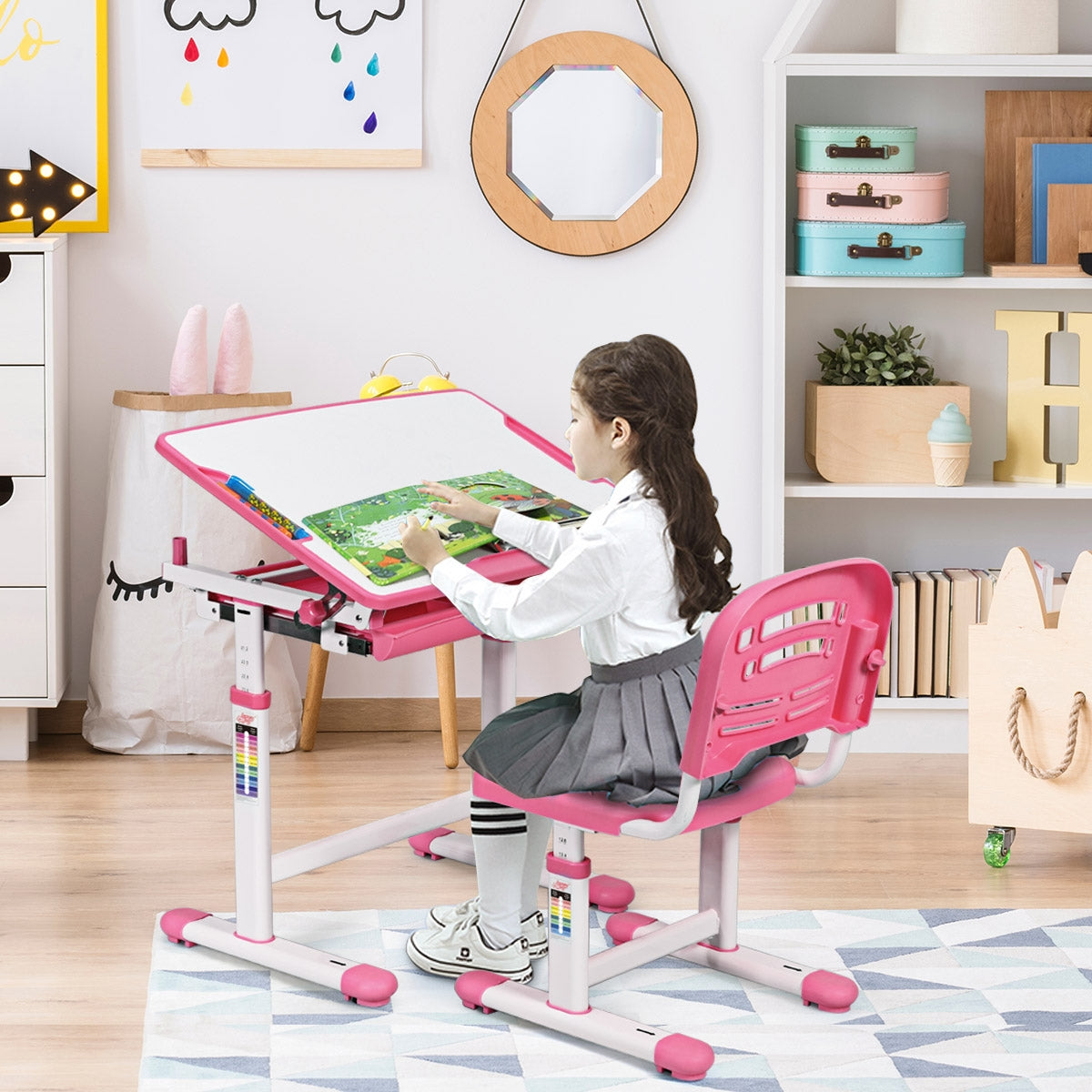 Escritorio Infantil con Silla de Lectura para Niños con Altura y Ángulo Ajustable y Cajón 66 x 47 x (54 - 76) cm Rosa