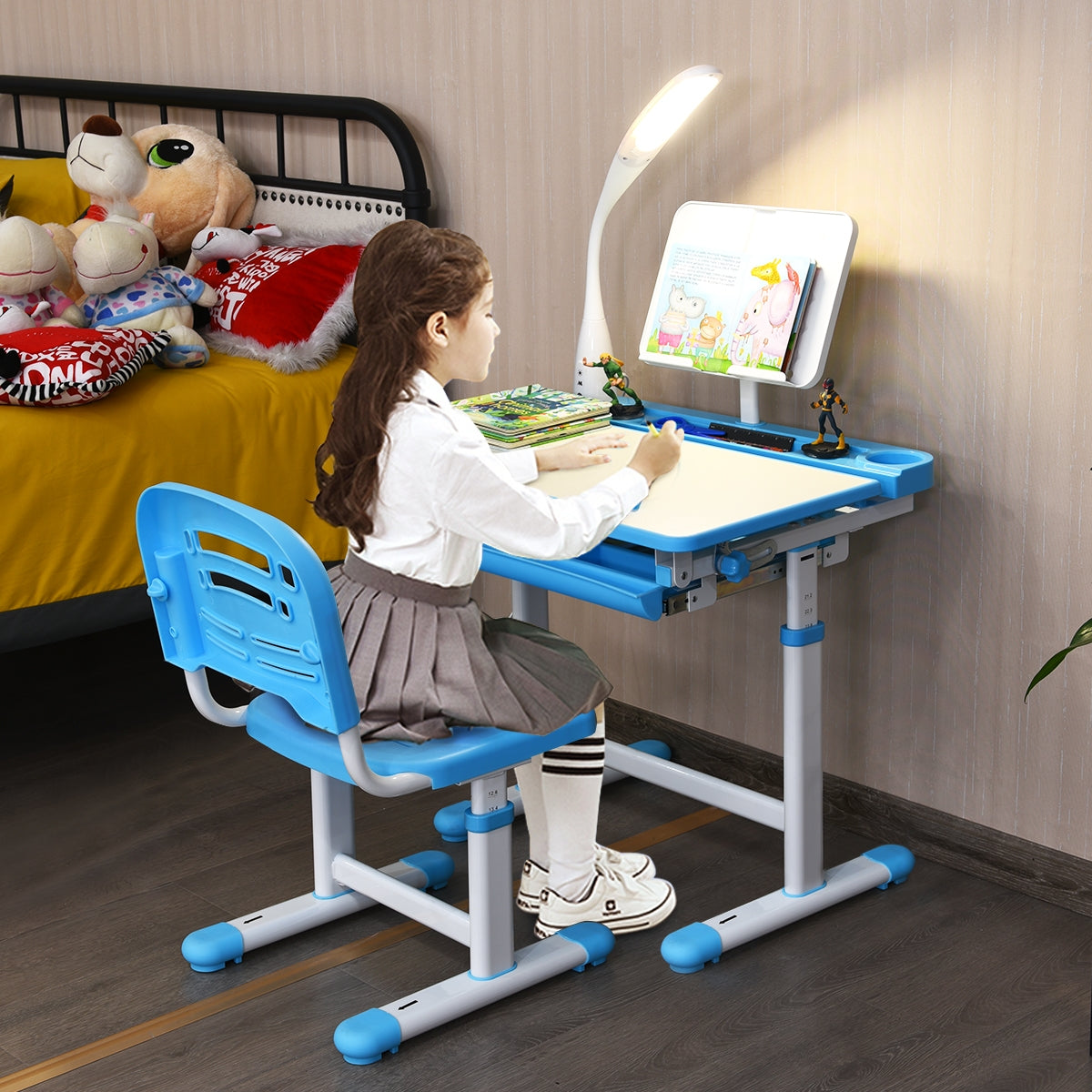 Escritorio para Niños con Lámpara Silla Mesa de Dibujar Lectura para Infantil Azul