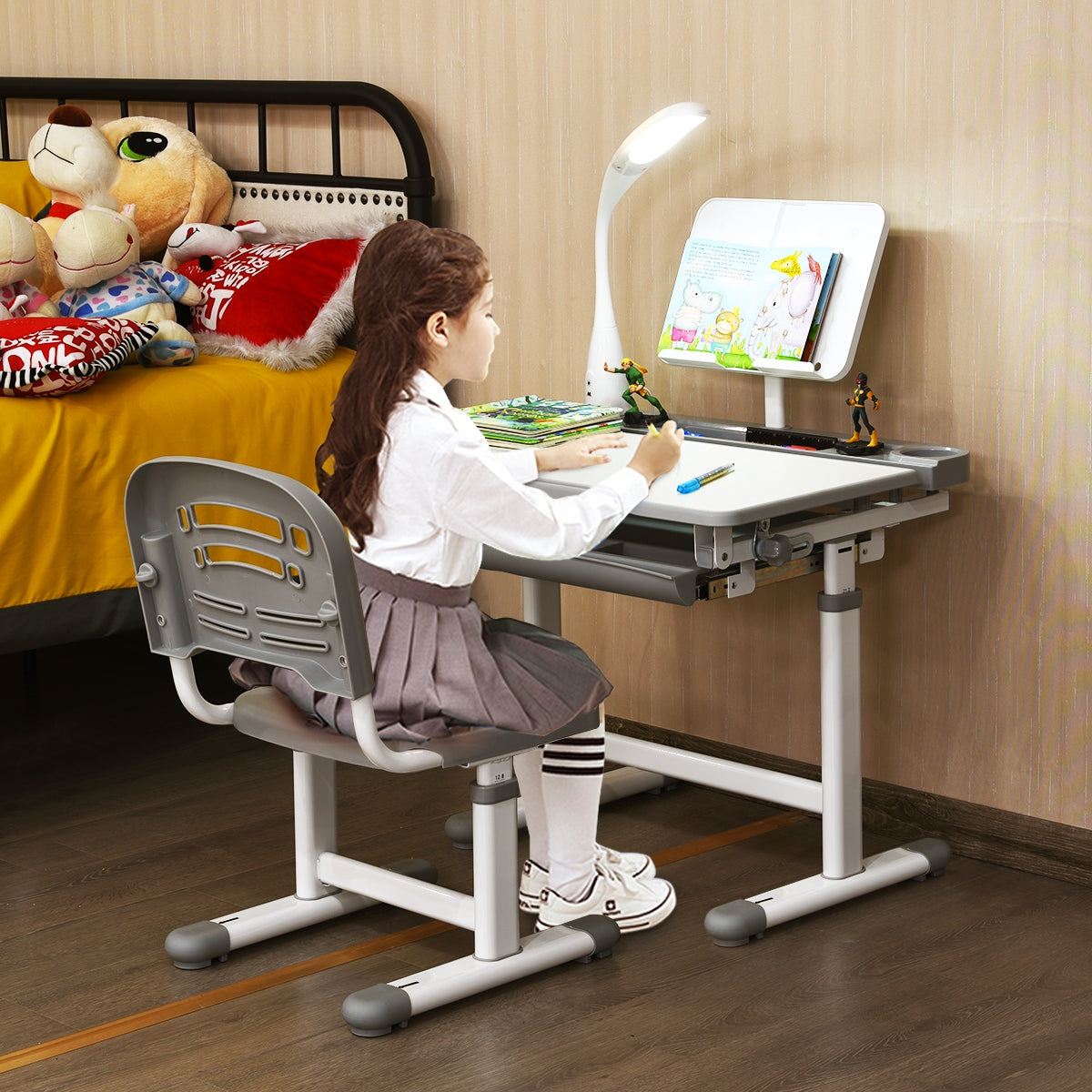 Escritorio para Niños con Lámpara Silla Mesa de Dibujar Lectura para Infantil Gris