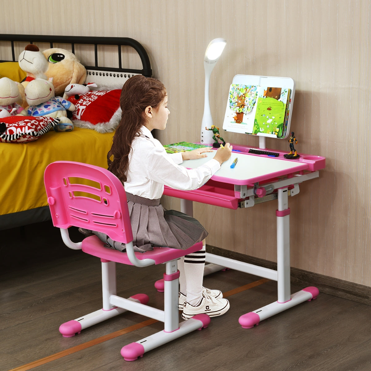 Escritorio para Niños con Lámpara Silla Mesa de Dibujar Lectura para Infantil Ángulo y Altura Ajustable Rosa