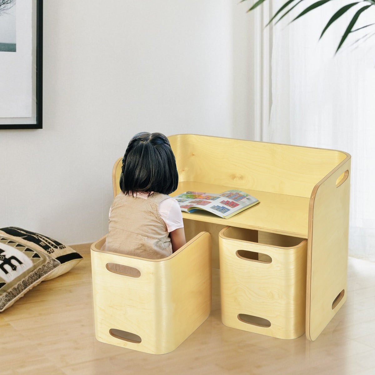 Set Mesa y Sillas para Niños con Tabla Espesa y Superficie Lisa para Casa Escuela Jardín de Infancia Natural 68,5 x 40 x 50 cm