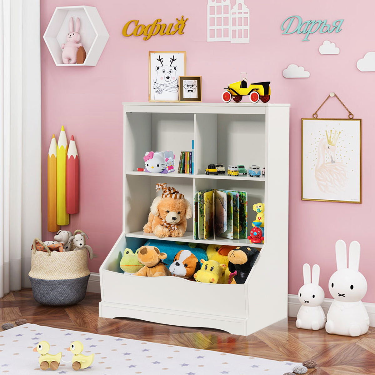 Estante para Juguetes con 3 Niveles Librería Organizador Juguetes con 4 Compartimientos Abiertos 67 x 40 x 88,5 cm Blanco
