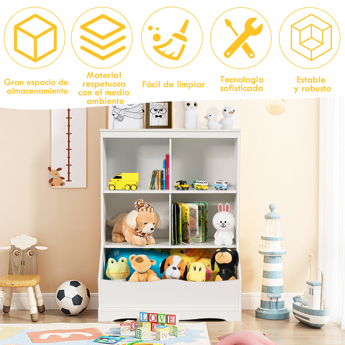 Estante para Juguetes con 3 Niveles Librería Organizador Juguetes con 4 Compartimientos Abiertos 67 x 40 x 88,5 cm Blanco