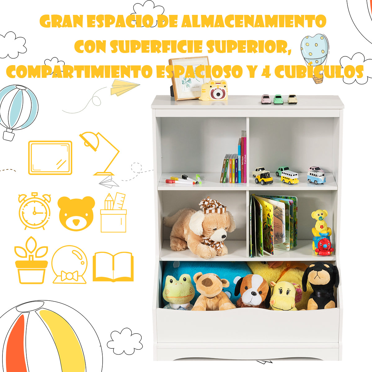 Estante para Juguetes con 3 Niveles Librería Organizador Juguetes con 4 Compartimientos Abiertos 67 x 40 x 88,5 cm Blanco
