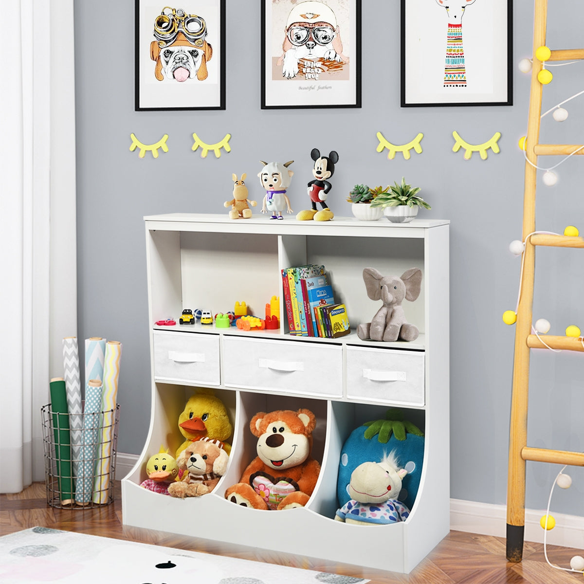 Estante con Compartimientos y Cajones para Juguete Almacenamiento Estantería para Niños Organizador para Habitación Blanco 93 x 40 x 94 cm