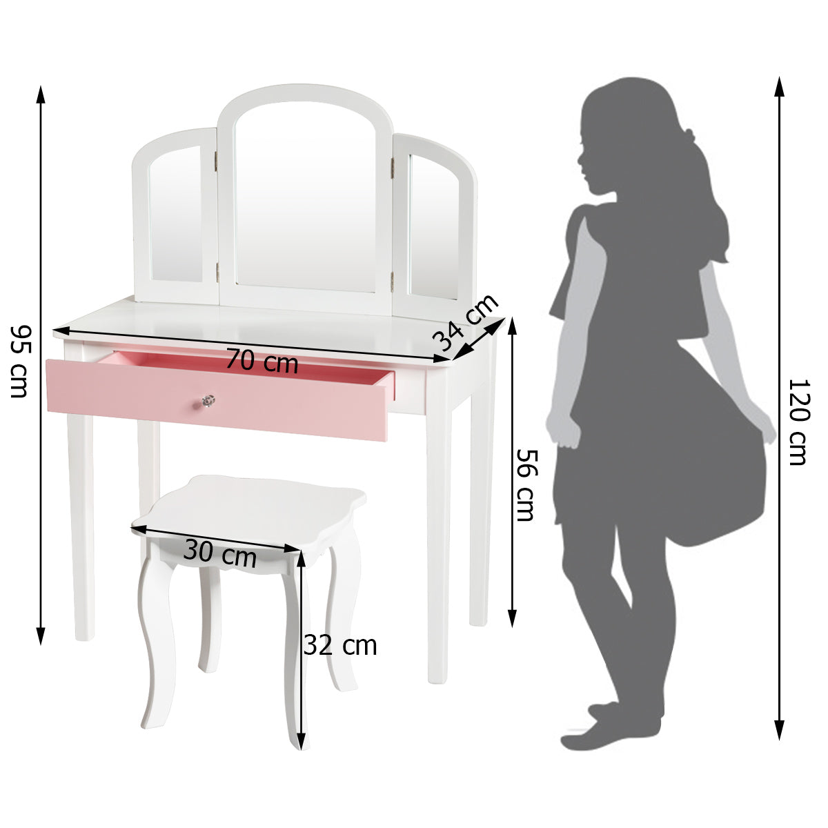 Set Tocador y Silla para Niños Mesa Maquillaje con Espejo Tripartido y Taburete Escritorio Desmontable 2 en 1 Blanco