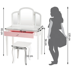 Set Tocador y Silla para Niños Mesa Maquillaje con Espejo Tripartido y Taburete Escritorio Desmontable 2 en 1 Blanco