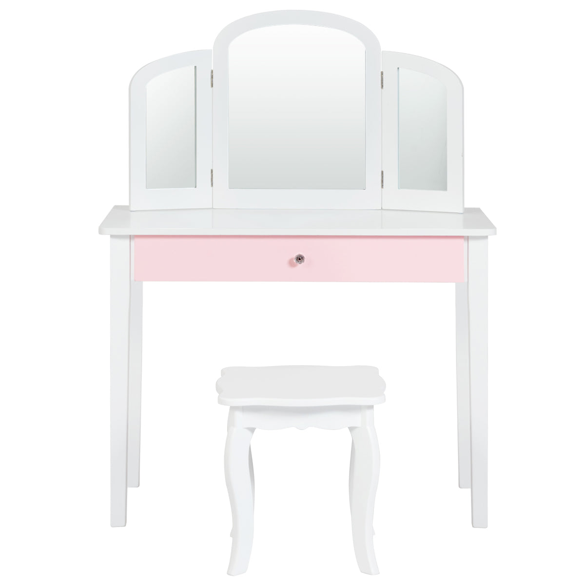Set Tocador y Silla para Niños Mesa Maquillaje con Espejo Tripartido y Taburete Escritorio Desmontable 2 en 1 Blanco