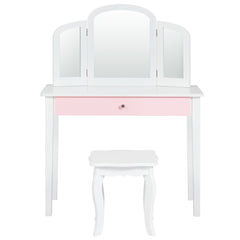 Set Tocador y Silla para Niños Mesa Maquillaje con Espejo Tripartido y Taburete Escritorio Desmontable 2 en 1 Blanco