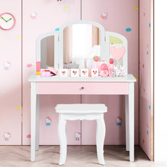 Set Tocador y Silla para Niños Mesa Maquillaje con Espejo Tripartido y Taburete Escritorio Desmontable 2 en 1 Blanco