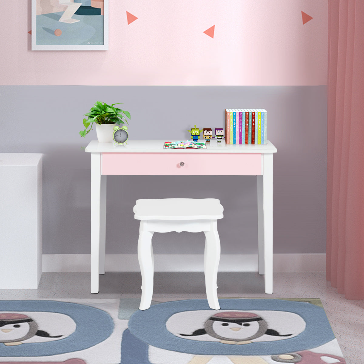 Set Tocador y Silla para Niños Mesa Maquillaje con Espejo Tripartido y Taburete Escritorio Desmontable 2 en 1 Blanco