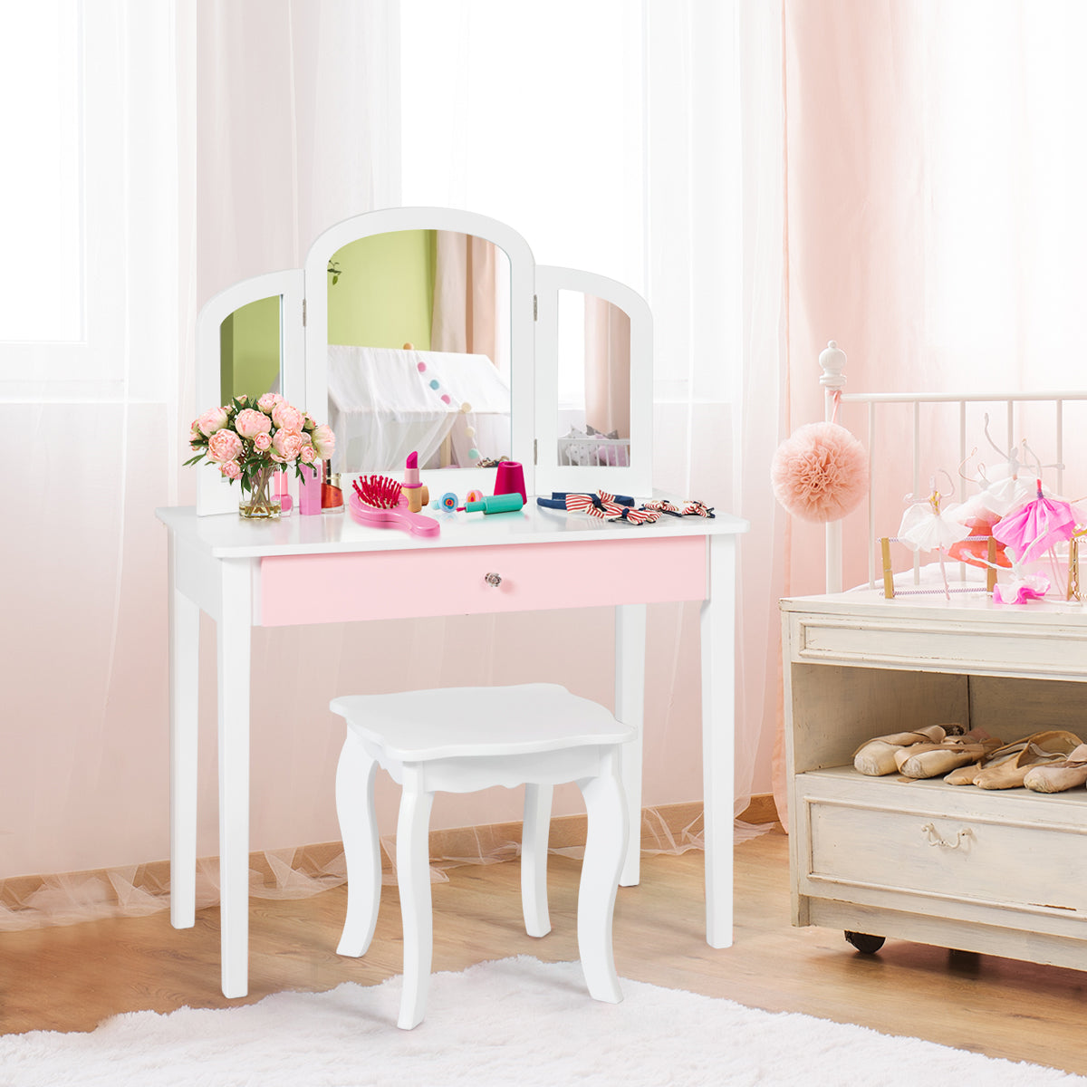 Set Tocador y Silla para Niños Mesa Maquillaje con Espejo Tripartido y Taburete Escritorio Desmontable 2 en 1 Blanco