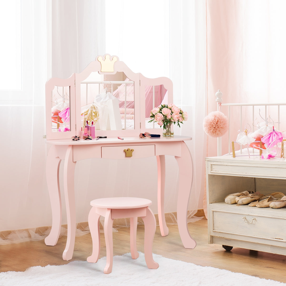 Equipo Tocador y Silla para Niñas con Cajón y Espejo en 3 Partes Rosa 80 x 42 x 106 cm
