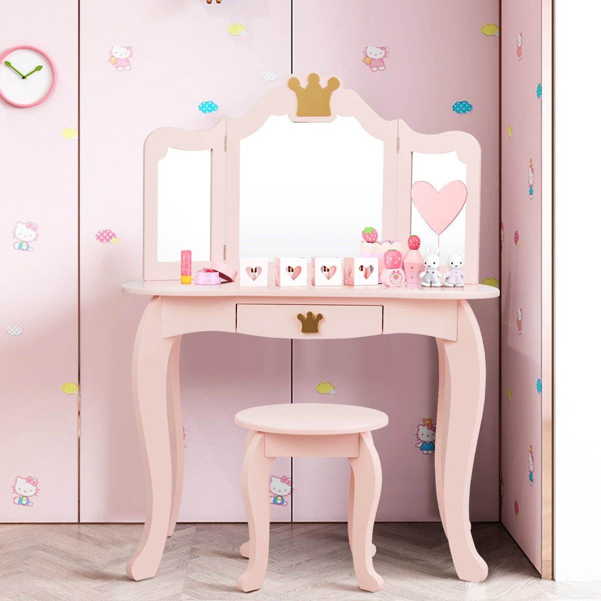 Equipo Tocador y Silla para Niñas con Cajón y Espejo en 3 Partes Rosa 80 x 42 x 106 cm