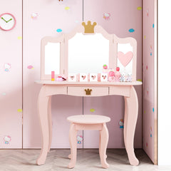 Equipo Tocador y Silla para Niñas con Cajón y Espejo en 3 Partes Rosa 80 x 42 x 106 cm