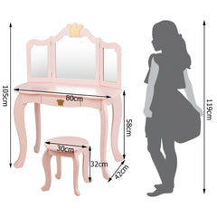 Equipo Tocador y Silla para Niñas con Cajón y Espejo en 3 Partes Rosa 80 x 42 x 106 cm