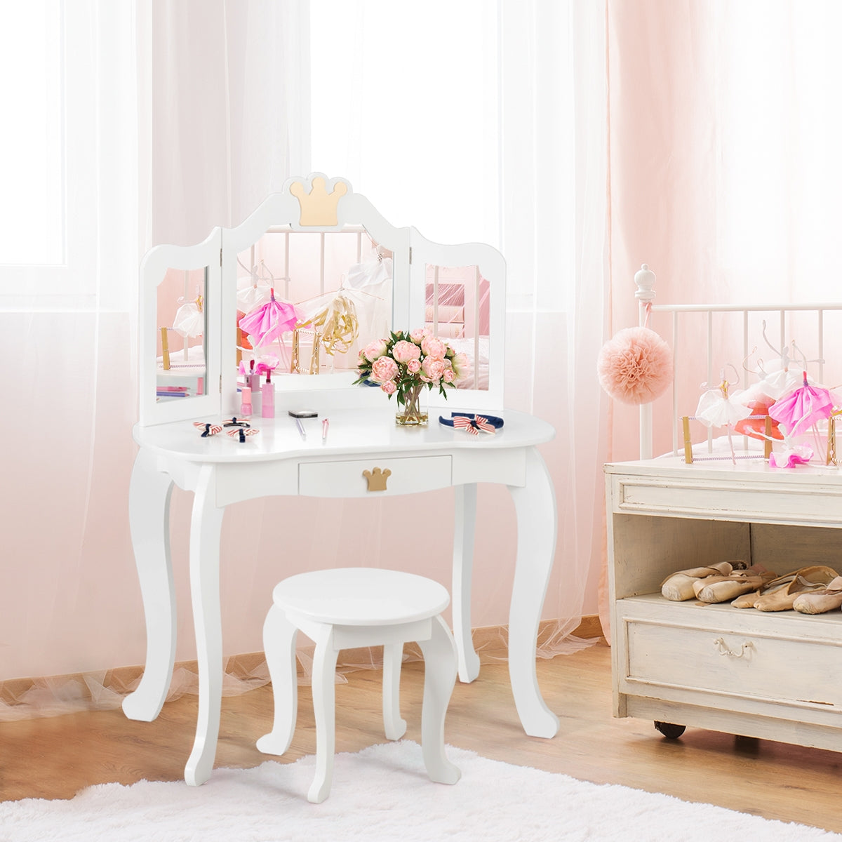 Equipo Tocador y Silla para Niñas con Cajón y Espejo en 3 Partes Blanco 80 x 42 x 106 cm
