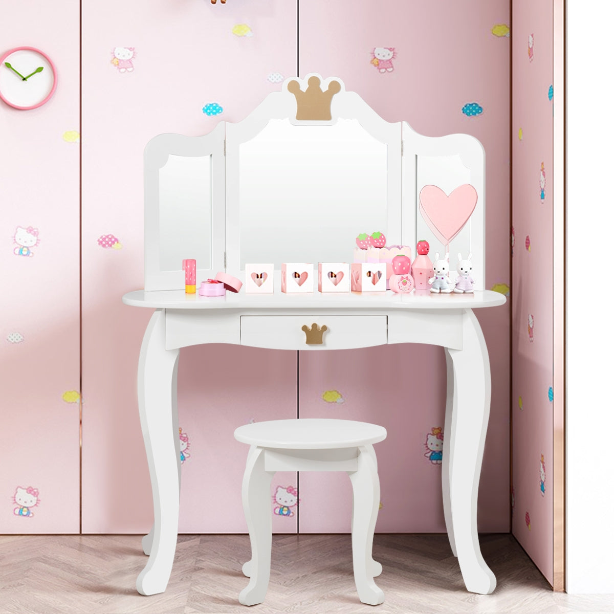 Equipo Tocador y Silla para Niñas con Cajón y Espejo en 3 Partes Blanco 80 x 42 x 106 cm