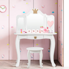 Equipo Tocador y Silla para Niñas con Cajón y Espejo en 3 Partes Blanco 80 x 42 x 106 cm