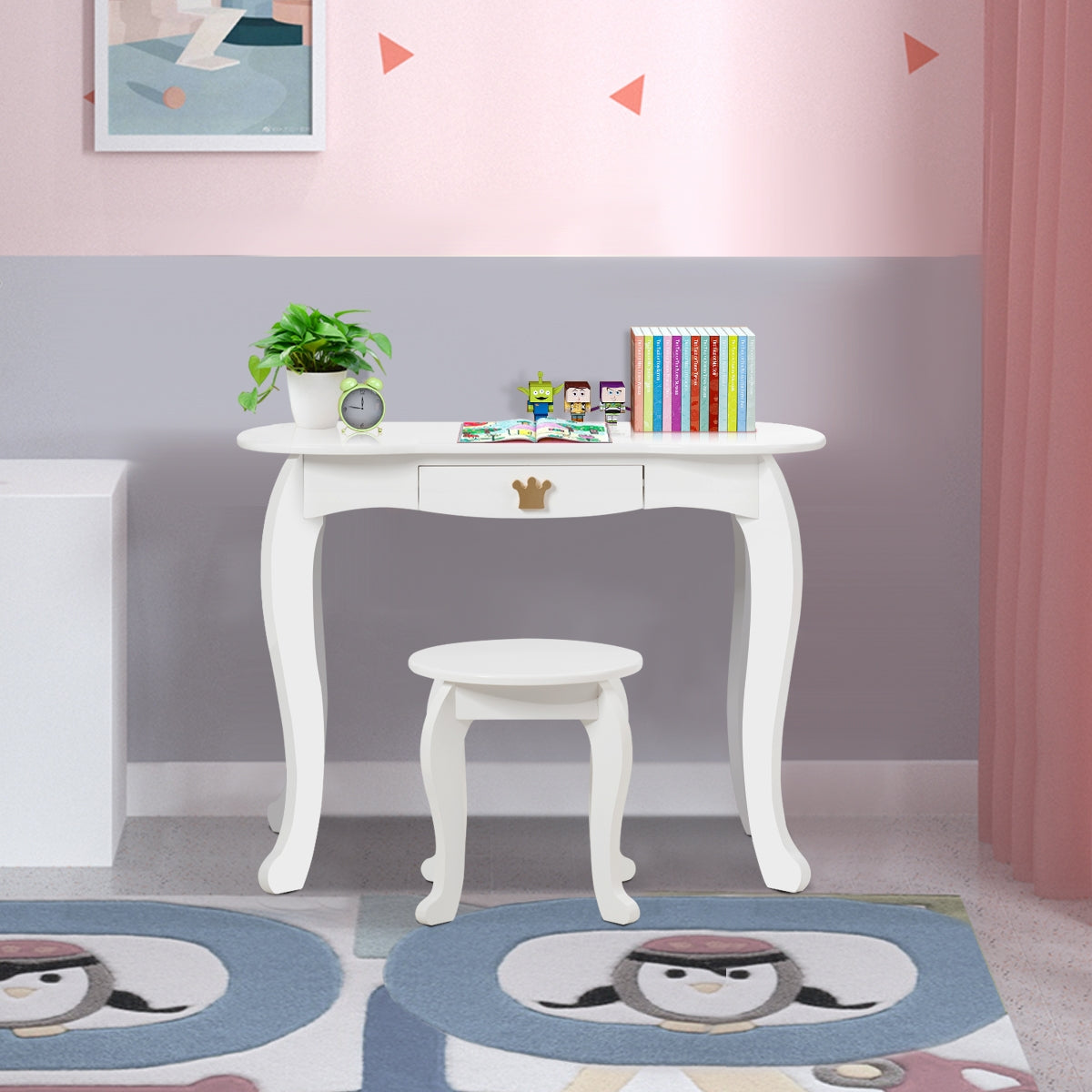 Equipo Tocador y Silla para Niñas con Cajón y Espejo en 3 Partes Blanco 80 x 42 x 106 cm