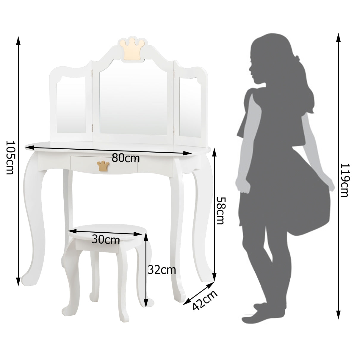 Equipo Tocador y Silla para Niñas con Cajón y Espejo en 3 Partes Blanco 80 x 42 x 106 cm