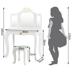 Equipo Tocador y Silla para Niñas con Cajón y Espejo en 3 Partes Blanco 80 x 42 x 106 cm