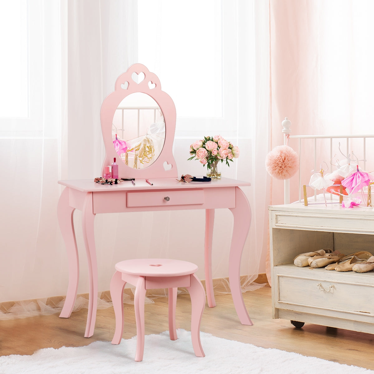 Tocador 2 en 1 con Superficie Desmontable Espejo y Cajón para Niñas Rosa 70 x 34 x 105 cm